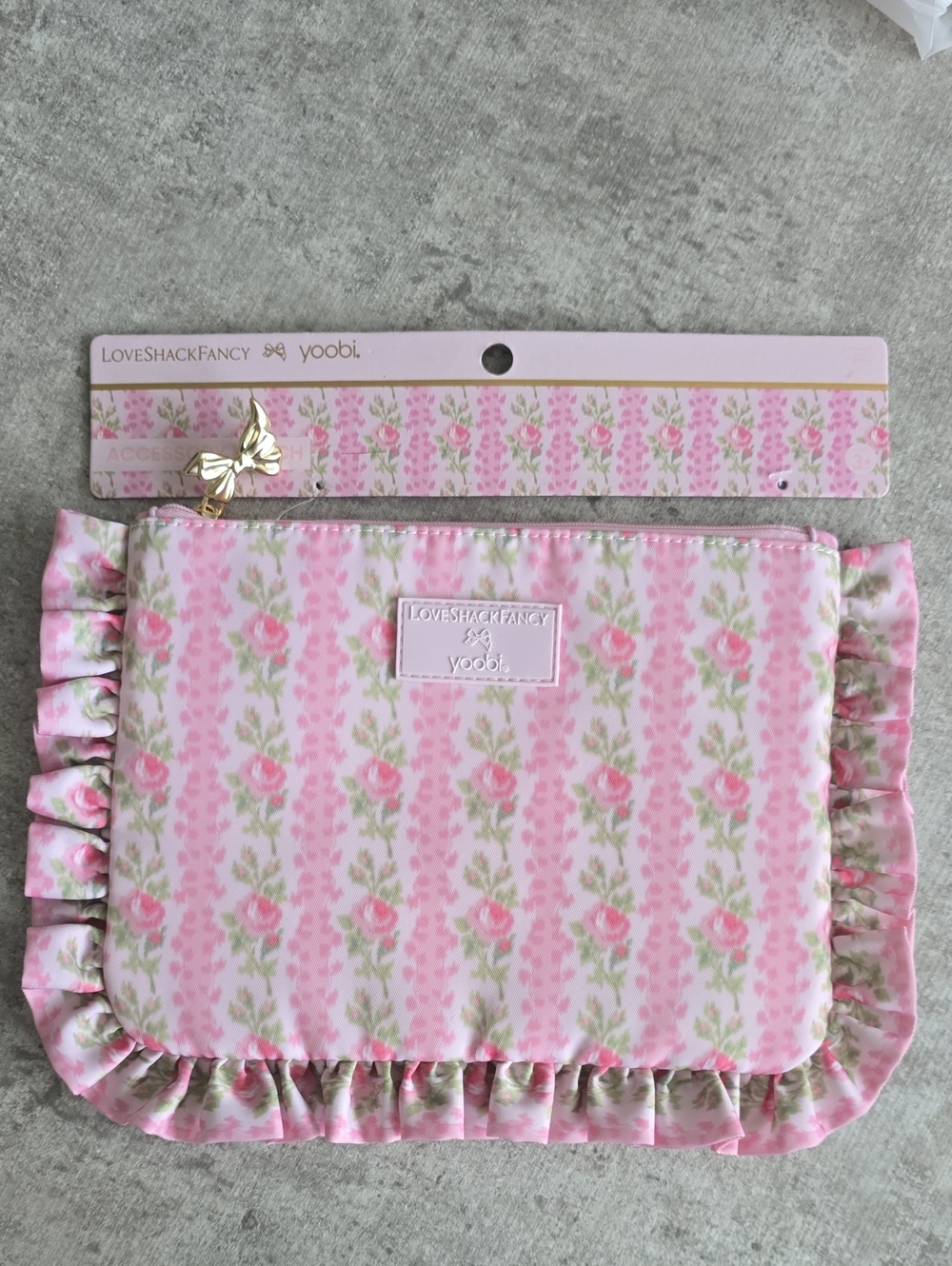 LoveShackFancy Pink Rose Print Ruffle Pouch with Gold Bow Charm